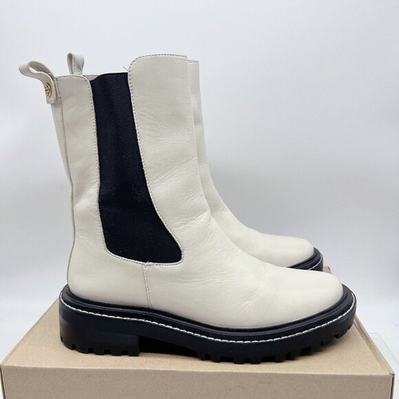 Tory Burch Benton Chelsea Ankle Boots Platform Vachetta Calf Ivory/ Black US 10 - Picture 1 of 13